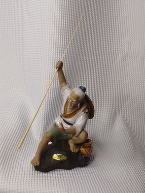 Vintage Shiwan Ceramic Chinese Mudman Fisherman Figurine with Fishing Rod